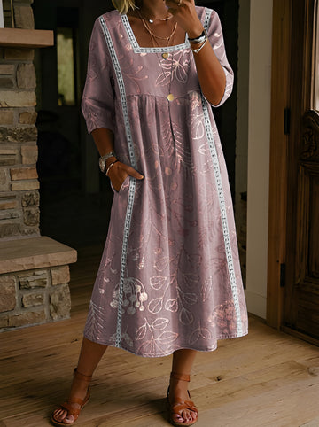 Women's Folk Printed Square Neck Hollow Cotton Pocket Dress