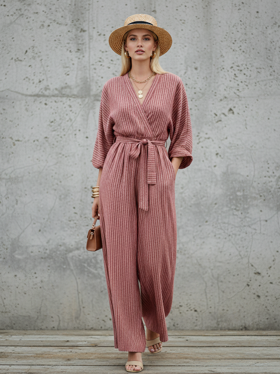 Women's Casual Dusty Pink And White Linen-Cotton Striped V-Neck Waisted Wide-Leg Jumpsuit MDZ2146D4GMJ