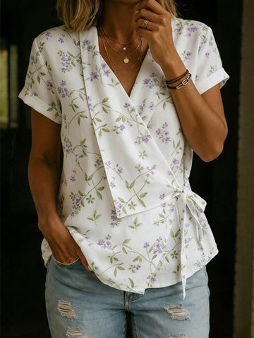 Women's Vintage Ethnic Floral Print Casual Cross-over Tie Neck Top