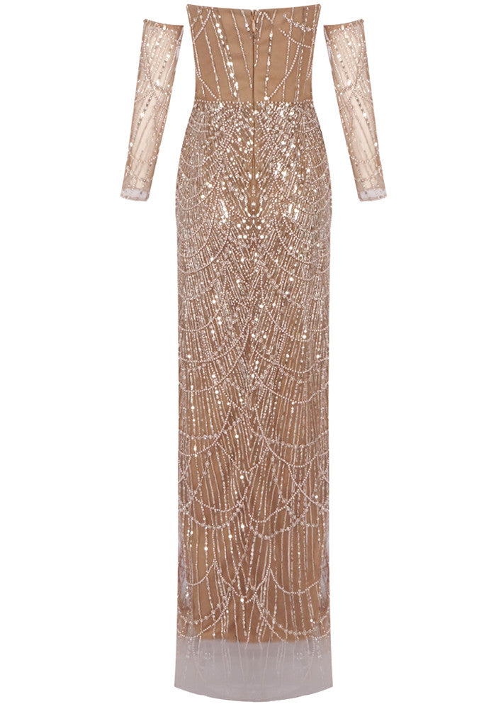 Strapless Crystal Sequin Maxi Dress Gold