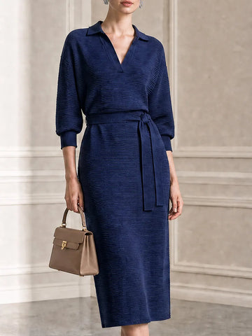 Ribbed Knit Self Tie Waist Belt Puff Sleeve Polo Collar Dress