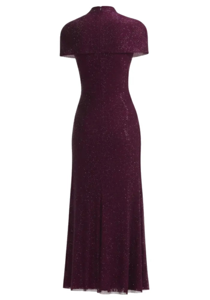Short Sleeve Sparkly A Line Midi Dress Burgundy