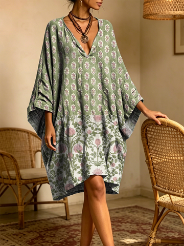Women's Retro Floral Art Print Casual Three-quarter Sleeve V-neck Cotton Linen Short Dress
