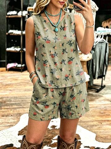 Women's Vintage Sleeveless Patchwork Casual Suit