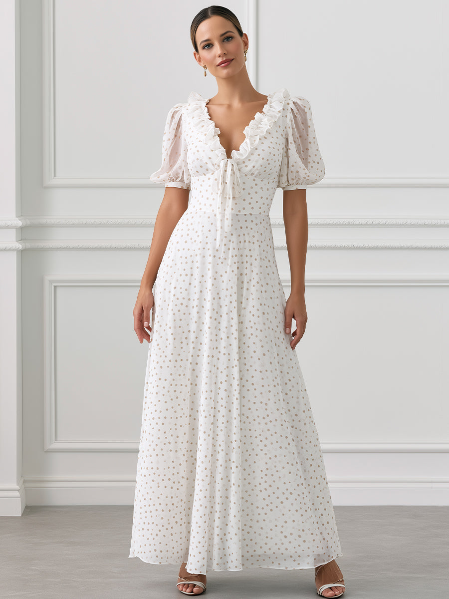 V-Neck Puff Sleeve Polka Dot Ruffle Maxi Dress