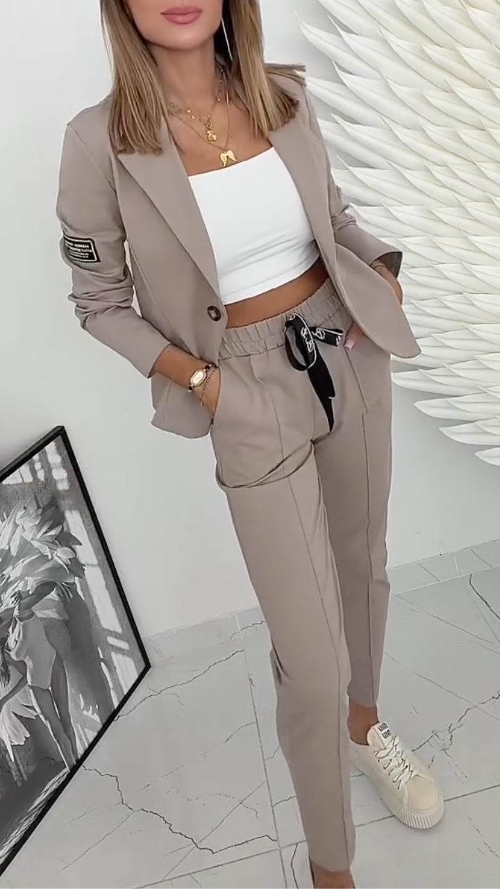 Women's Collared Short Blazer & Trousers Casual Set