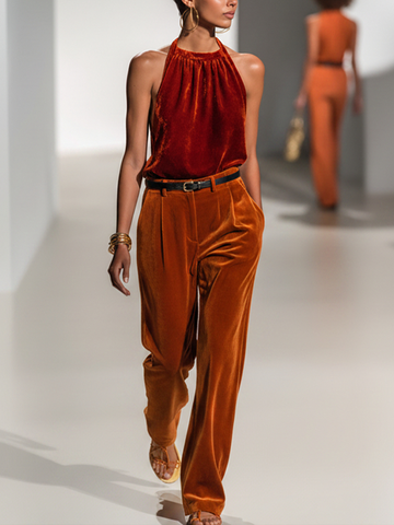 Women’s Fashionable Red Velvet Halter Neck Sleeveless Top And Orange Velvet Slim Waist Wide-Leg Pants Set(Waist Belt Not Included) MDZ1780D8GMJ