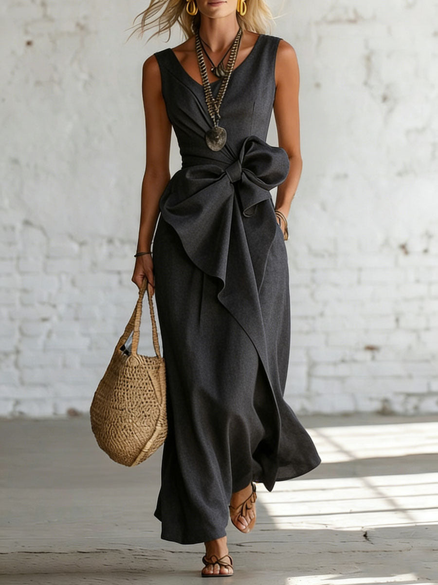 Women's Bowknot Decoration Solid-color Sleeveless Dress