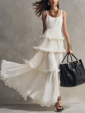 Romantic White U-Neck Pleated Tiered Maxi Dress