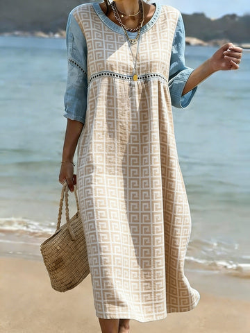 Women's Folk Print Crew Neck Cotton Pocket Dress
