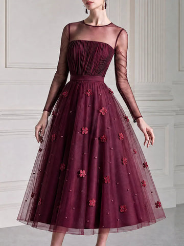 3D Floral Tulle Round Illusion Sheer Sleeve Midi Dress