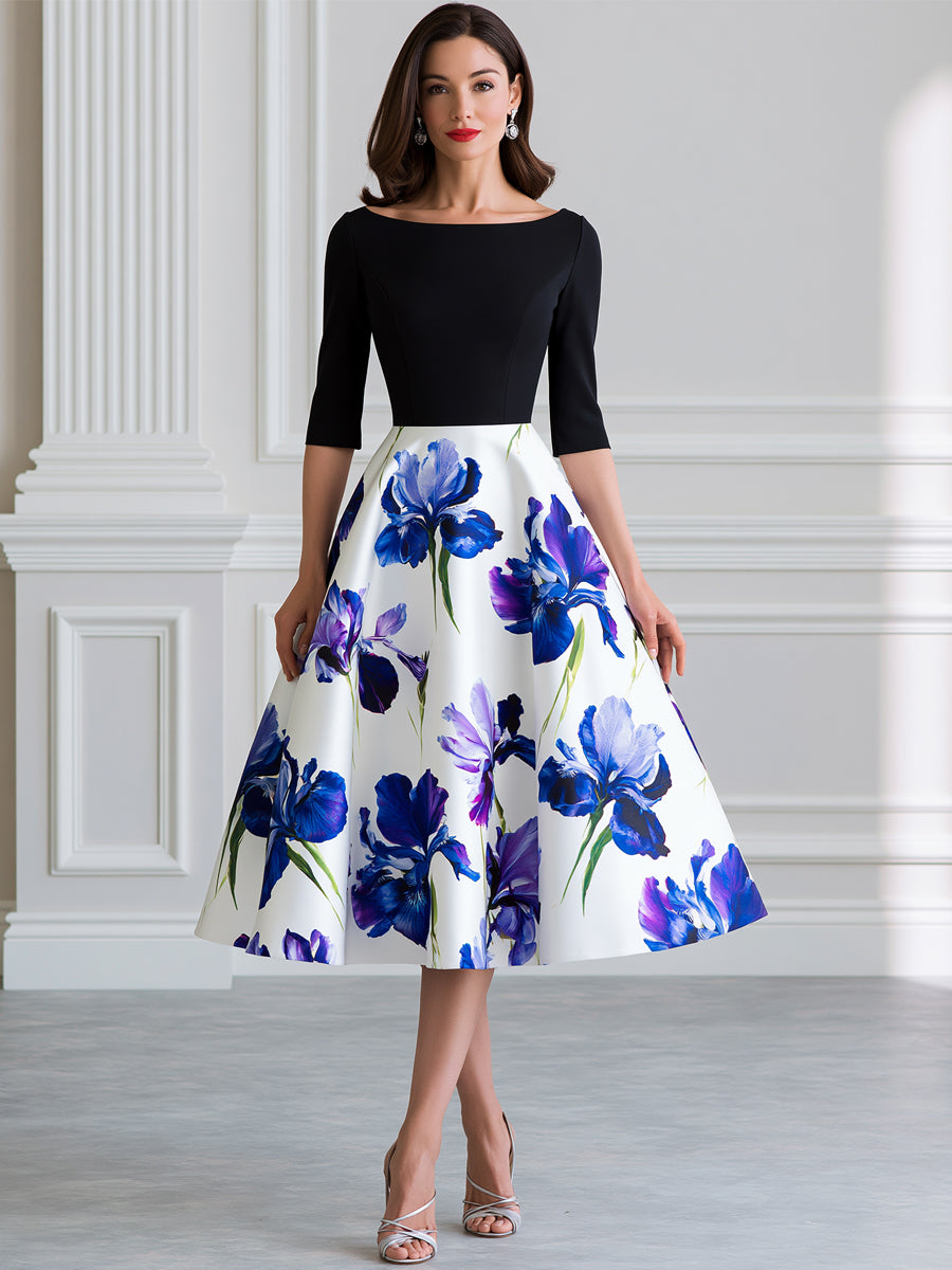 Black Color Block Watercolor Iris Print A-Line Midi Dress