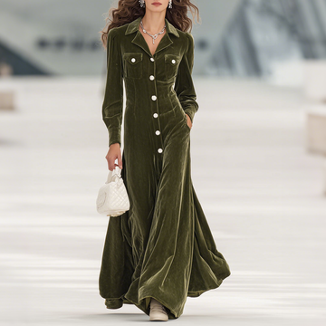 Lapel Multi-pocket Velvet Maxi Dress