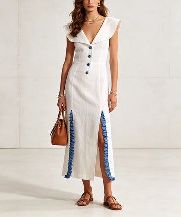 Women's Cape-Sleeve Button-Front Midi Dress with Side Ruffles