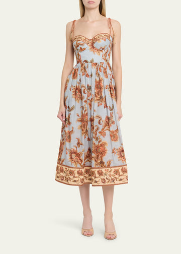 Vintage Floral Spaghetti Strap Bustier Midi Dress