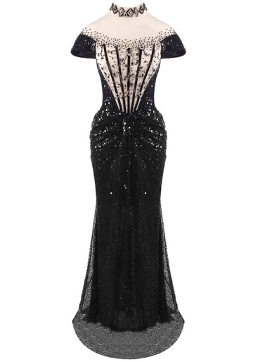 Short Sleeve Sequin Structured Maxi Dress Black