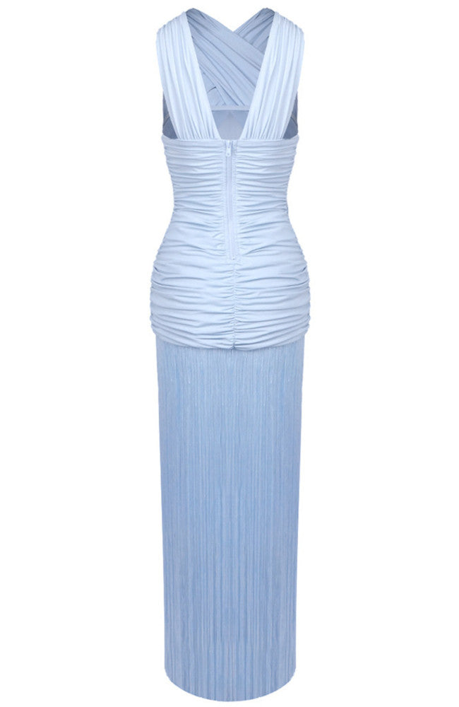 Draped Ruffle Tassel Maxi Dress Blue