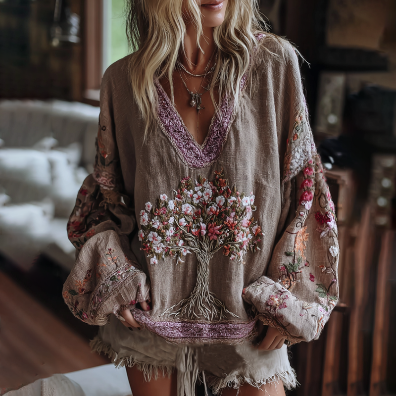 Women's Vintage Tribal Tree Of Life Floral Art Casual Shirt