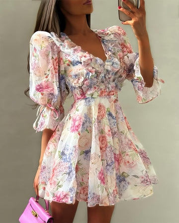 Women's 3D Floral Decor Chiffon Mini Dress Floral Print V Neck Puff Sleeve A-Line Vacation Dress