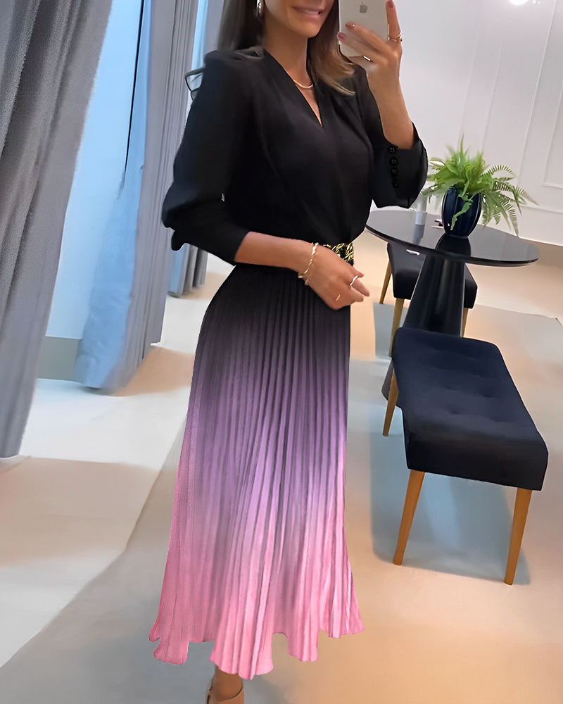 Ombre Deep V Neck Long Sleeve Pleated Mid-length Dress With Chain Decor Belt