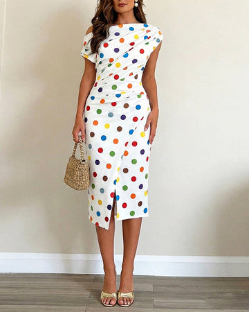 Women's Skew Neck Midi Dress Colorful Polka Dot Ruched Bodycon Dress Elegant Slit French Style Wrap Vacation Dress