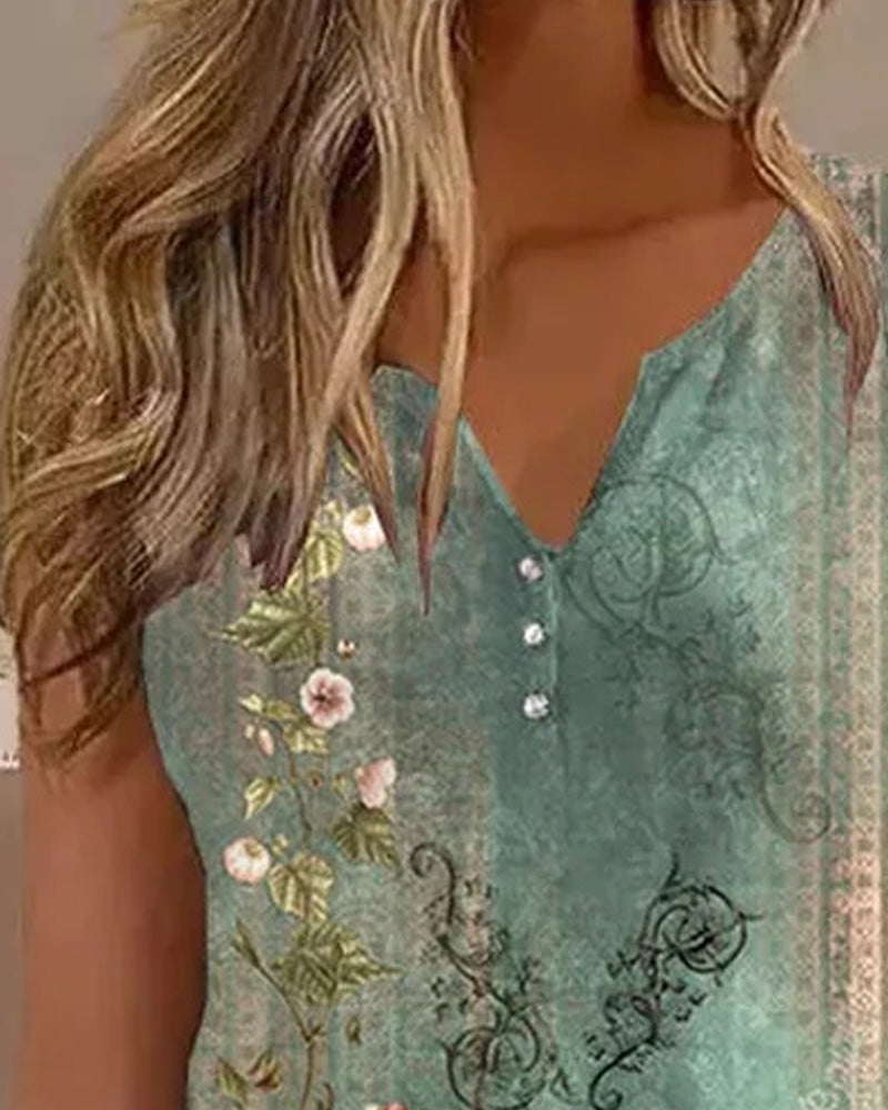 CHICME Women's Casual Floral Print Tank Top Sleeveless Notch Neck Vest with Rhinestone Accents