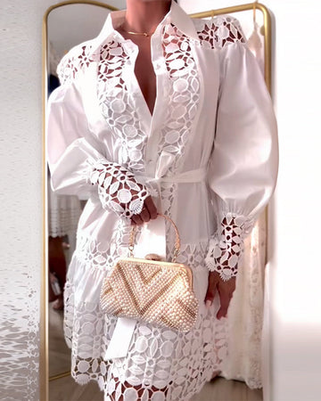 Guipure Lace Spliced Turn-down Collar Long Sleeve Button Front Shirt Dress Casual Tie Waist Ruffle Hem Dress