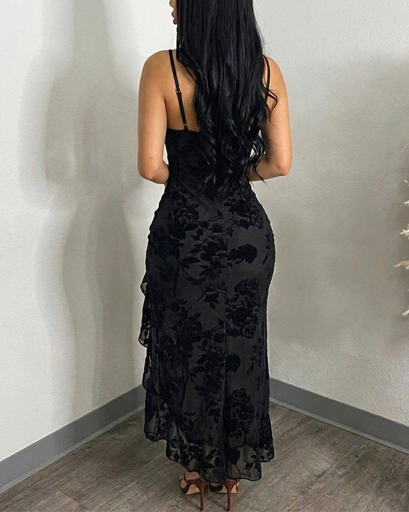 Women's Vintage Flocking Floral Maxi Dress Sexy Cowl Neck Cami Dress High Slit Backless Bodycon Evening Gown