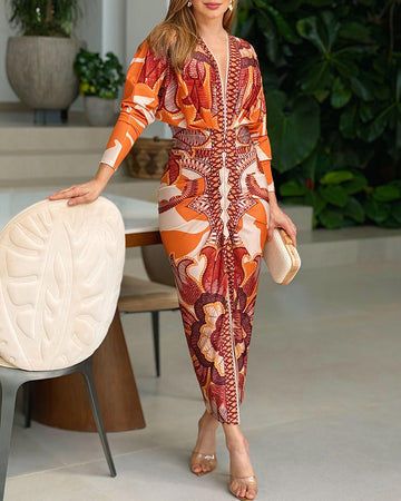 Vintage Baroque Deep V Neck Long Sleeve Slit Bodycon Dress Casual Ruched Slim Fit Vacation Dress