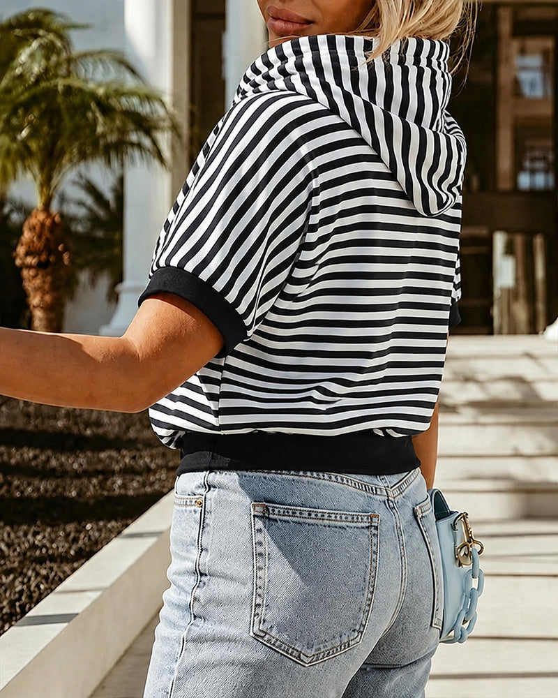 Women's Striped Half Zip Drawstring Hoodie Short Sleeve Sweatshirt Loose Contrast Trim Casual Pullover Top