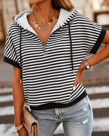 Women's Striped Half Zip Drawstring Hoodie Short Sleeve Sweatshirt Loose Contrast Trim Casual Pullover Top