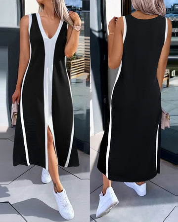 Colorblock Spliced Deep V-Neck Sleeveless Slit Front Dress Casual Loose Fit A Line Dress