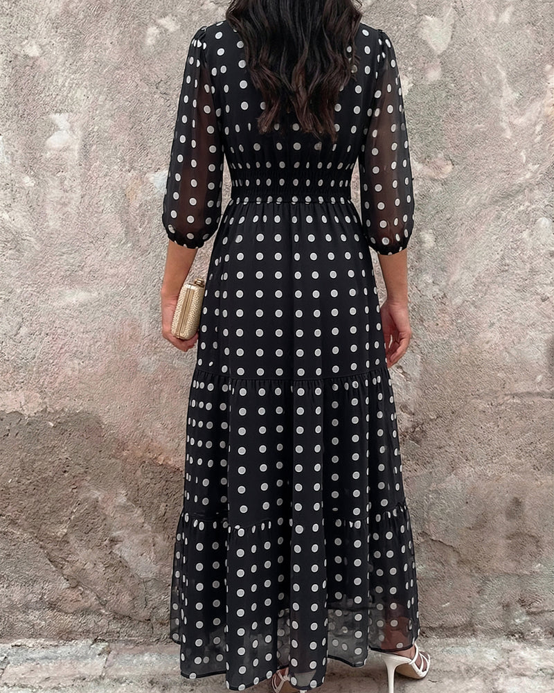 Women's Polka Dot Maxi Dress V Neck Lantern Sleeve Ruffle Hem Dress High Waist Button Up Chiffon Long Party Dress
