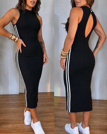Women's Ribbed Knit Halter Midi Dress Backless Racerback Bodycon Dress Side Contrast Stripe Sleeveless Dress