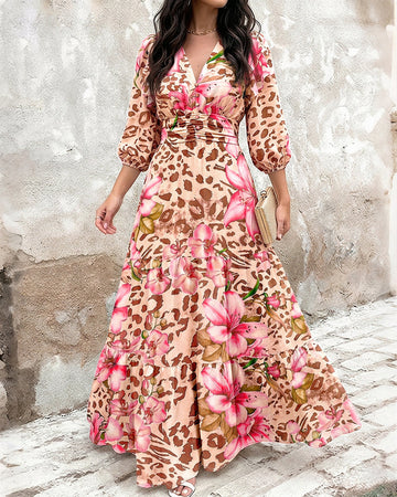 Women's Leopard Floral Print Dress V Neck Three Quarters Sleeve Ruffle Hem Dress Shirred Back A-Line Maxi Vacation Dress
