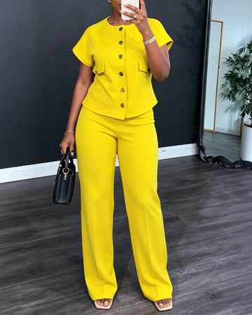 Women's 2 Piece Outfits Short Sleeve Button Down Top and Straight Leg Pants Set Casual Commuter Suits