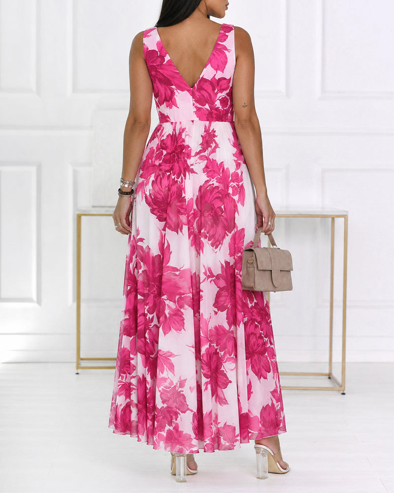 Women's Floral Print Maxi Dress Overlap V Neck Backless Chiffon Sundress Sleeveless High Waist Flowy A-Line Vacation Dress