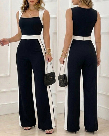 Women's Colorblock Jumpsuit Elegant Square Neck Sleeveless Wide Leg Overalls High Waisted Work Outfits with Pockets