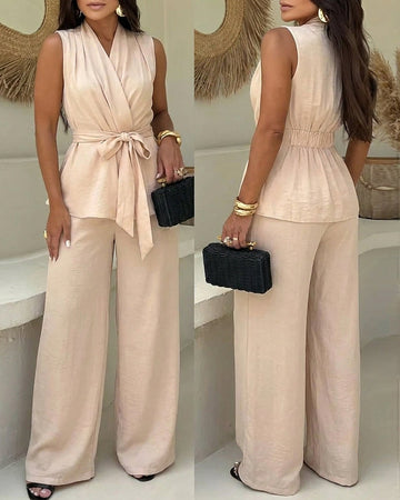 Women's 2 Piece Outfits V Neck Sleeveless Ruched Top and Wide Leg Pants Set Casual Commuting Set with Pockets