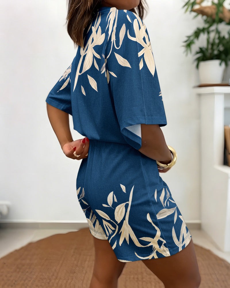 Women's Tropical Plant Print Romper Casual V-Neck Wrap Knot Side Skorts Romper Batwing Sleeve Short Jumpsuit