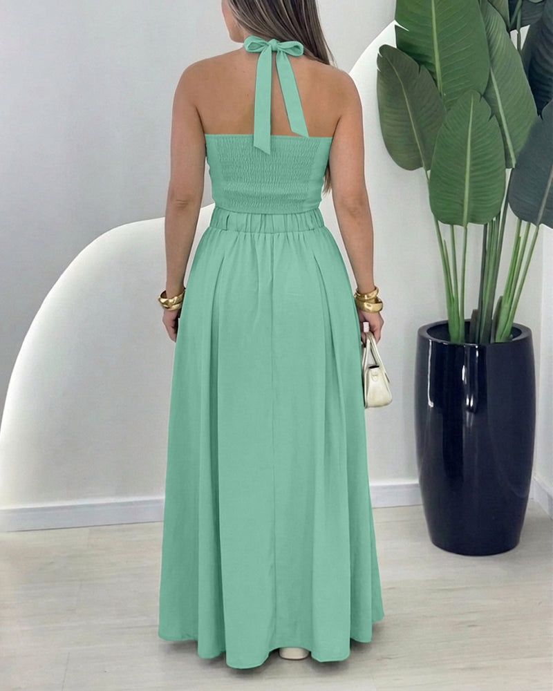 Women's Halter Two Piece Maxi Skirt Set Cross Tied Crop Top and High Waist Button Up Front Slit Skirt Suit