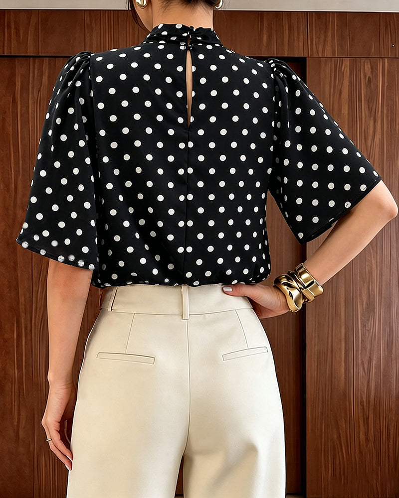 Women's Mock Neck Chiffon Blouse Polka Dot Ruched Elegant Flared Sleeve Top Casual Office Commute Shirt