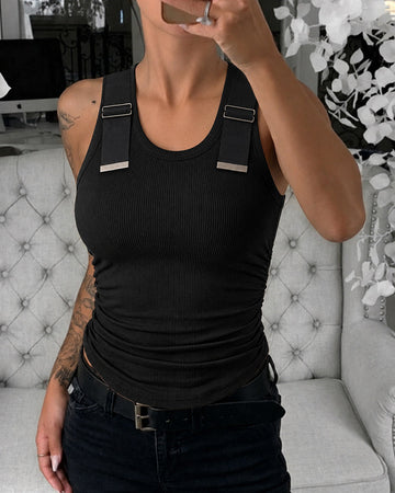 Women's Ribbed Knit Tank Top Adjustable Buckle Strap Side Ruched Knit Top Curved Hem Slim Fit Vest