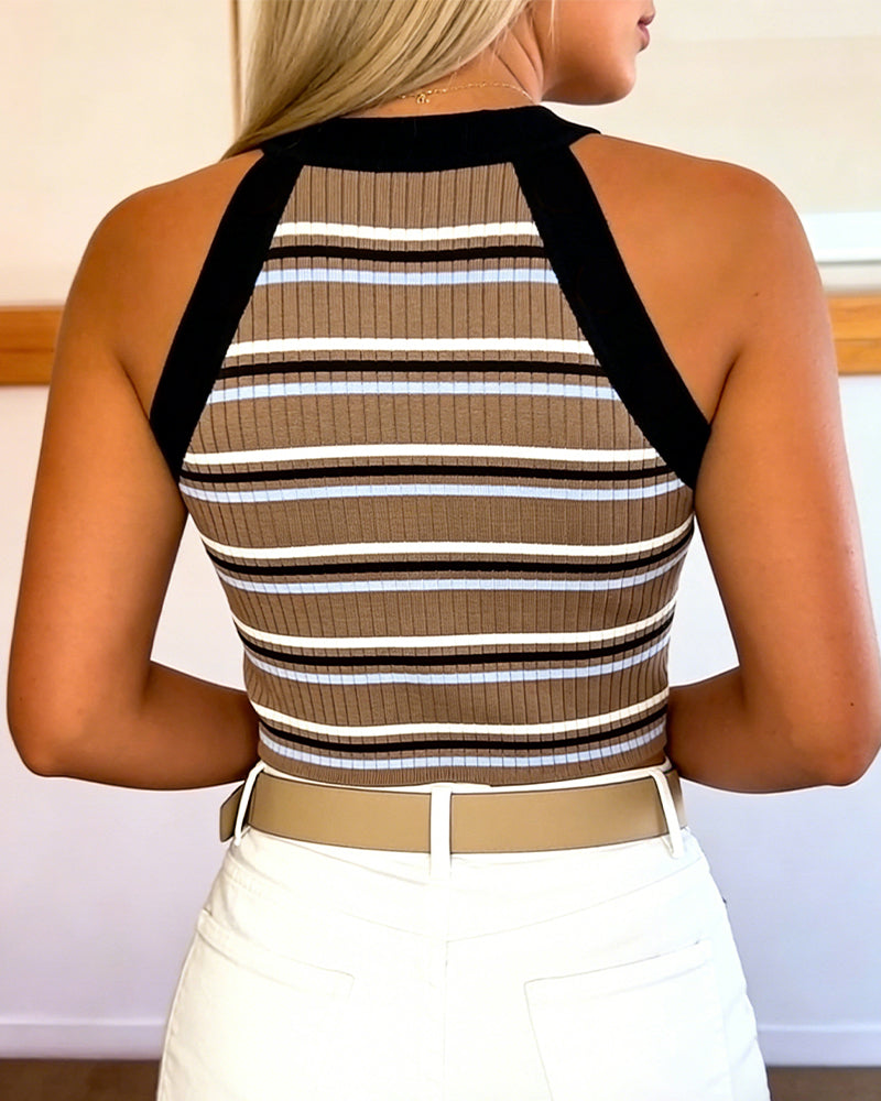 Women's French Retro Striped Halter Top Sleeveless Rib-Knit Tank with Gold Button Accents