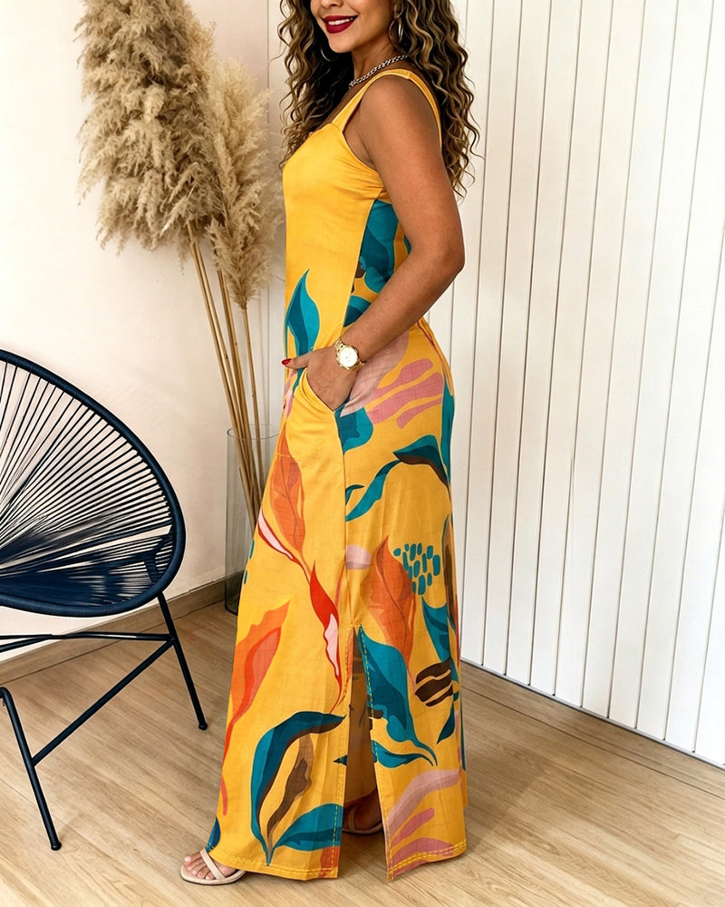 Plants Placement Print Square Neck Thick Strap Side Slit Maxi Dress Casual Vacation Dress with Pockets