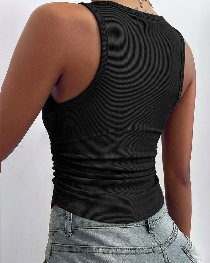 Women's Ribbed Knit Tank Top Adjustable Buckle Strap Side Ruched Knit Top Curved Hem Slim Fit Vest