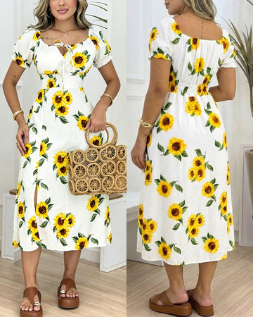 Women's Sunflower Print Midi Dress Puff Sleeve Tie Neck Sundress Shirred Back Slit A-Line Vacation Dress with Lining
