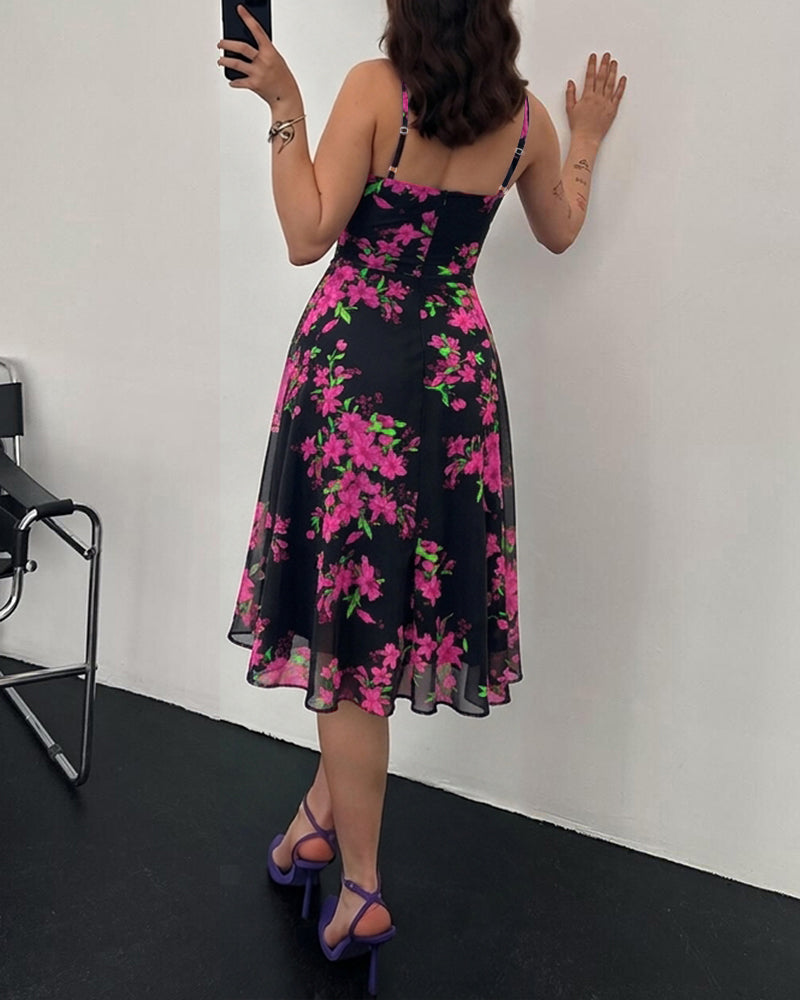 Women's Floral Print Cowl Neck Cami Dress High Waisted Sheer Mesh Overlay A-Line Dress Elegant Backless Flowy Party Dress