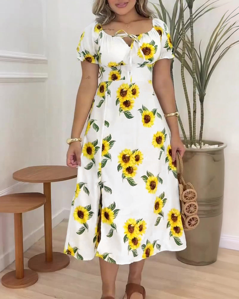 Women's Sunflower Print Midi Dress Puff Sleeve Tie Neck Sundress Shirred Back Slit A-Line Vacation Dress with Lining