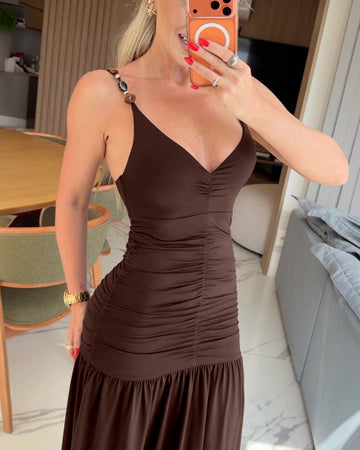 Women's Beaded Strap Deep V Neck Maxi Dress Ruched Backless Flowy Party Dress